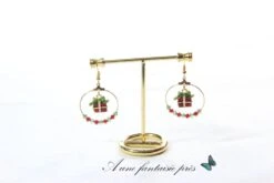 Boucle D'oreille Créole Doré Pendentif Cadeaux De Noël Perle Swarvoski Vert Rouge