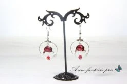 Boucle D'oreille Créole Argenté Bonnet Noël Strass Blanc Et Rouge