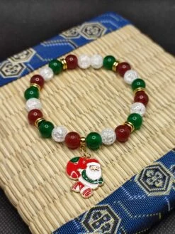 Bracelets De Noël, Cadeau, Bracelets En Jade Verte, Cornaline Rouge Et Cristal Craquelé, Modèle Père Noël