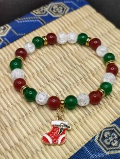 Bracelets De Noël, Cadeau De Noël, Bracelets En Jade Verte, Cornaline Rouge Et Cristal Craquelé, Modèle Chausson