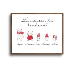 Affiche Famille Personnalisée, Illustration Chat, Portrait Famille, Prénoms, Poster, A4, Noël, Cadeaux Personnalisés