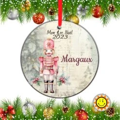 Boule De Noel Bois Premier Noël Rose Casse Noisette Personnalisable